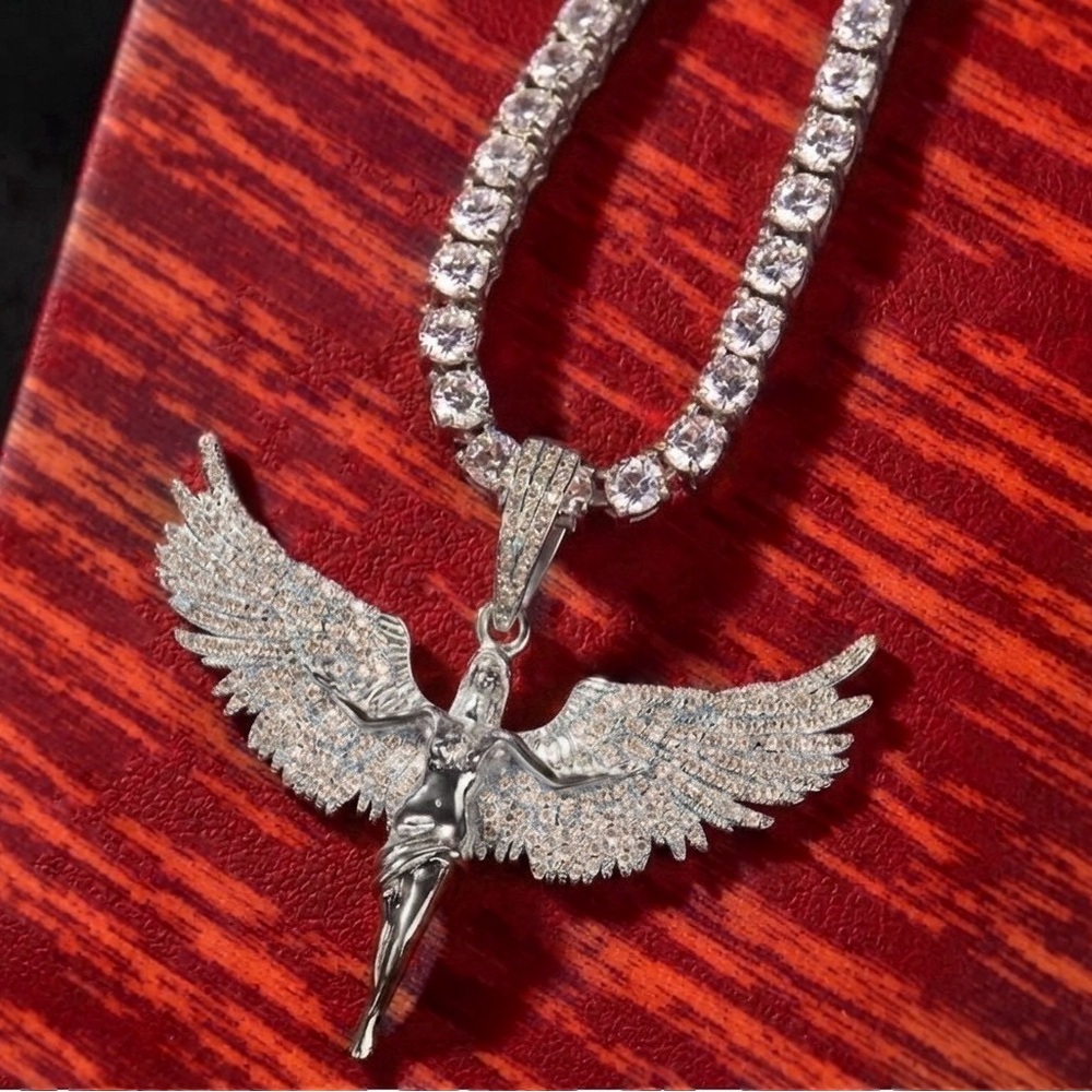 Crystal Angel Wing Pendant Necklace in Silver Tone 20inch